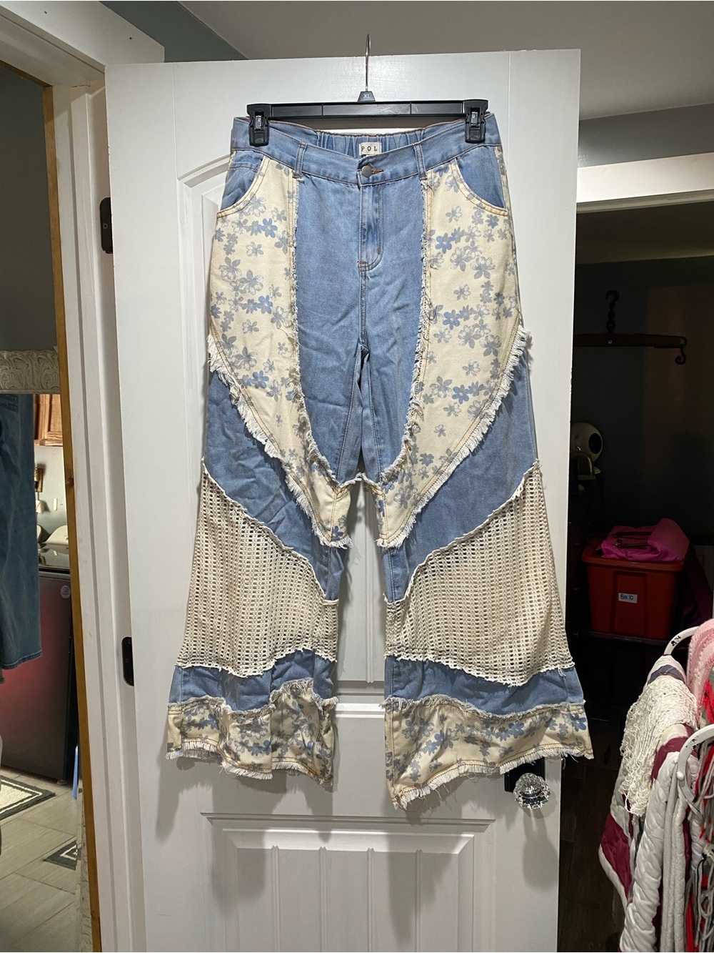 POL Patchwork Flare Jeans in Light Blue and Cream